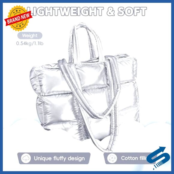 Large Quilted Puffer Tote Bag, Water-Resistant Nylon, 13.6x11.8x4.3 - Picture 4 of 7